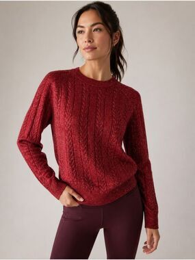 Athleta Red Silver Metallic Crossroads Crew Cable Knit Sweater XS